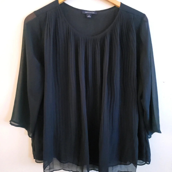 Tommy Hilfiger Blouse Women's Medium Navy Pleated Flowy Sheer Sleeve - Picture 1 of 8